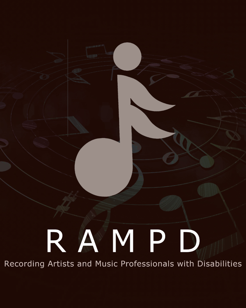 A white ball hovers over a white sixteenth note, the rampd logo. Under the logo reads Recording Artists and Music Professionals with Disabilities