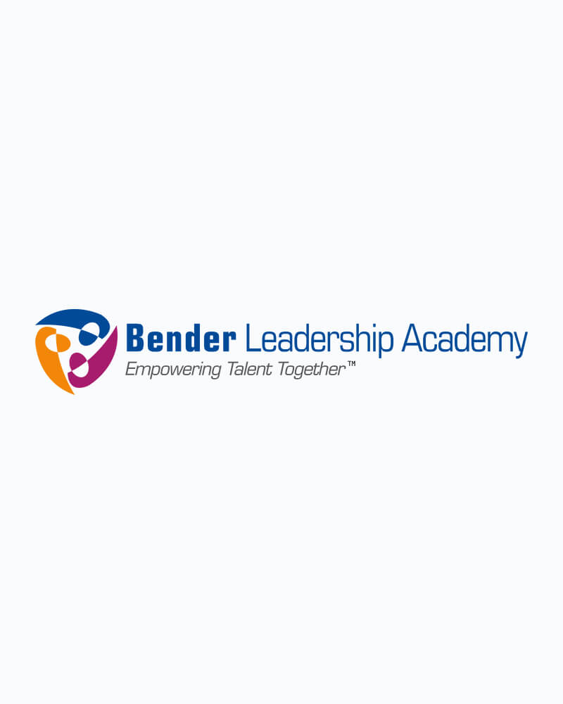 A triangle with Orange, blue, and fuchsia is next to Blue text that says Bender Leadership Academy above gray text that says empowering talent together.