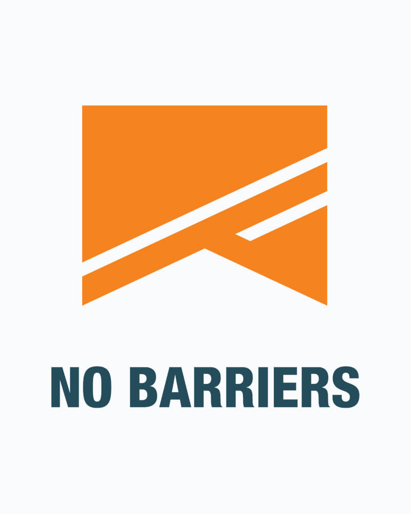 An orange flag positioned above blue text that reads 'No Barriers' to make the official No Barriers logo.