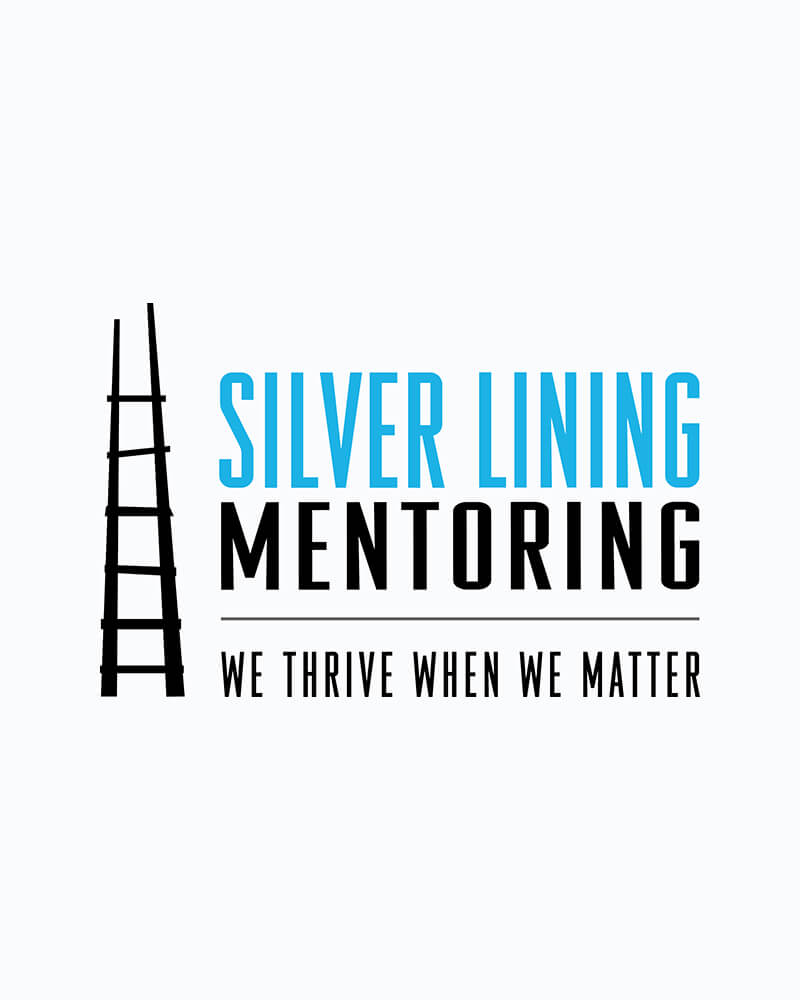 Image of Silver Lining Mentoring Logo; A black ladder next to light blue text that says Silver Lining and Black text that says Mentoring. Black text underneath 'We thrive when we matter.'