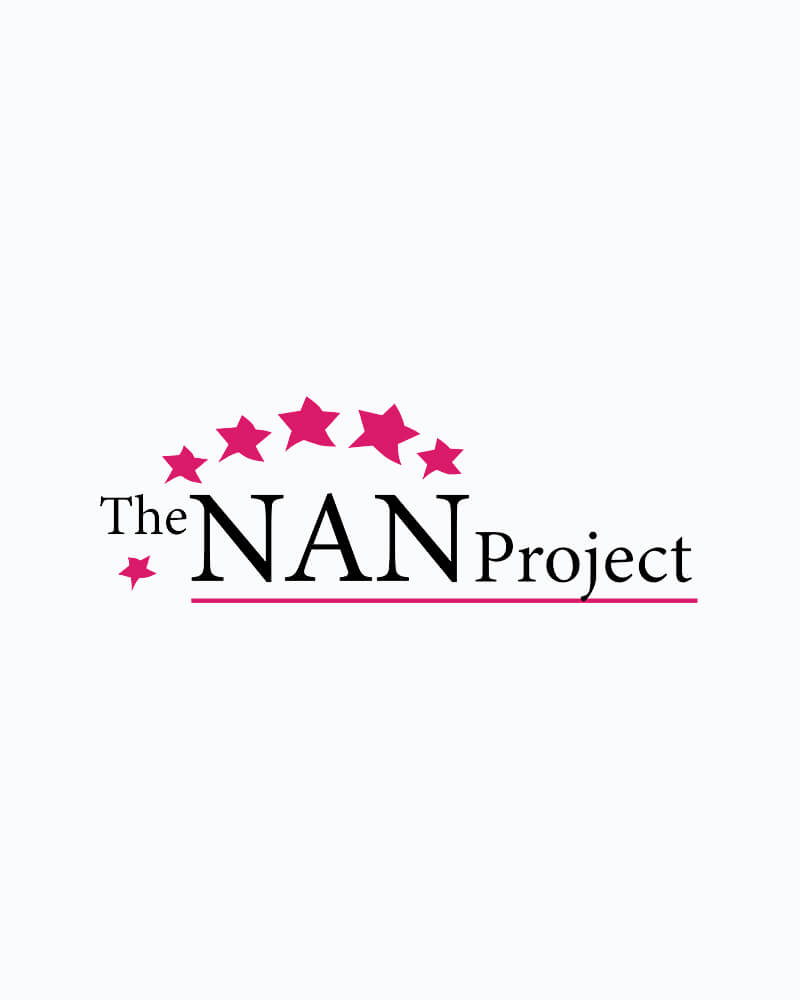 Black text says the NAN Project over text 'saving one life at a time' Pink stars are above the words.
